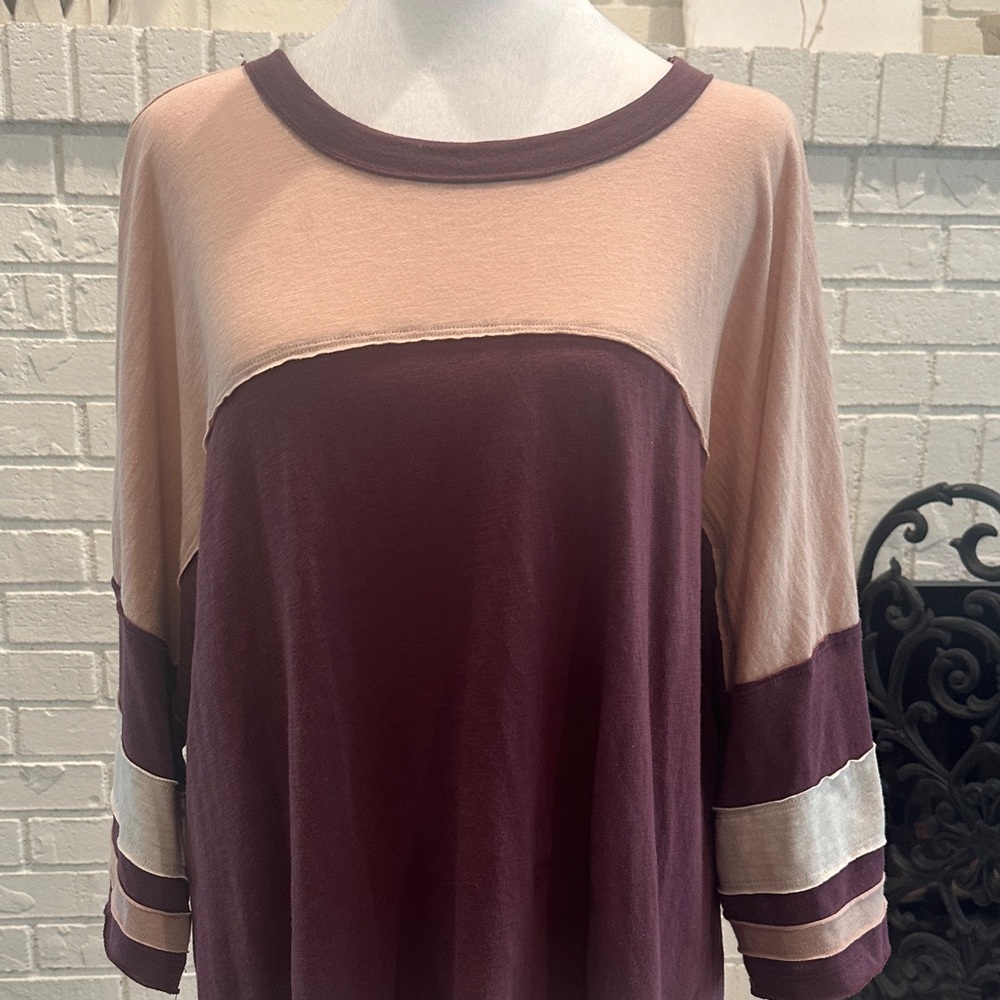 Women's Colorblock Long Sleeve Top in Burgundy and Blush - Picture 1 of 10